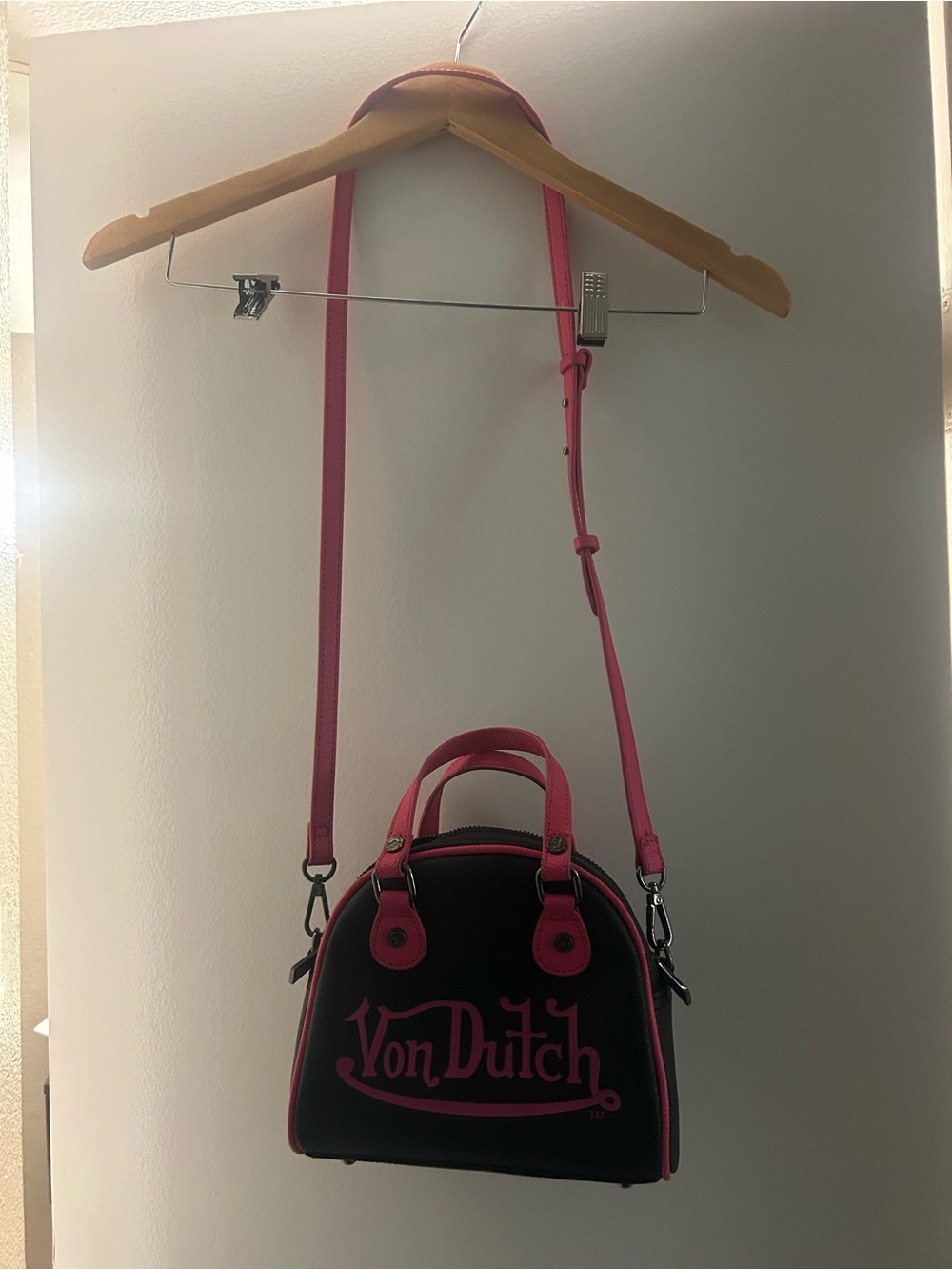 Von Dutch Black and Pink Mini Dome Crossbody Satchel